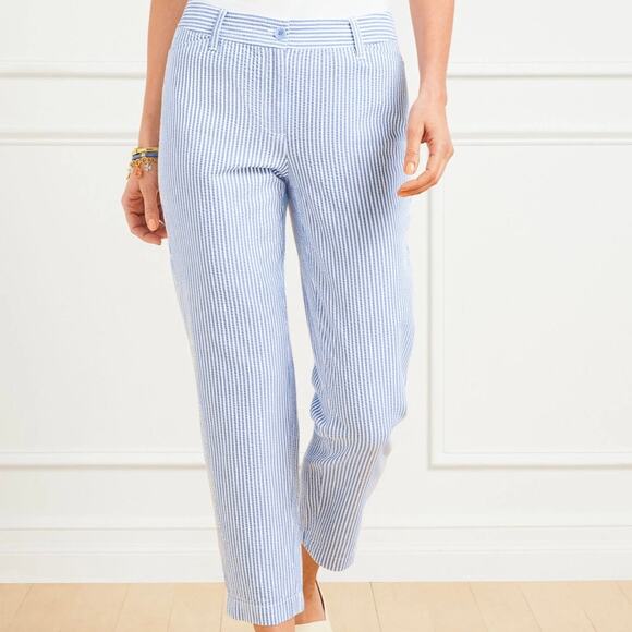 Talbots Perfect Crops Pant - Sunshine Seersucker Blue & White Striped Size 8P - Picture 1 of 11